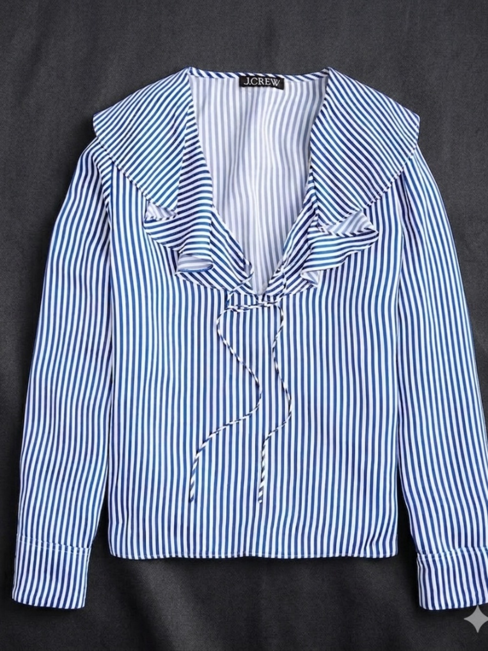 J.Crew Blue & White Vertical Stripe Ruffled V-Neck Tie Blouse Viscose